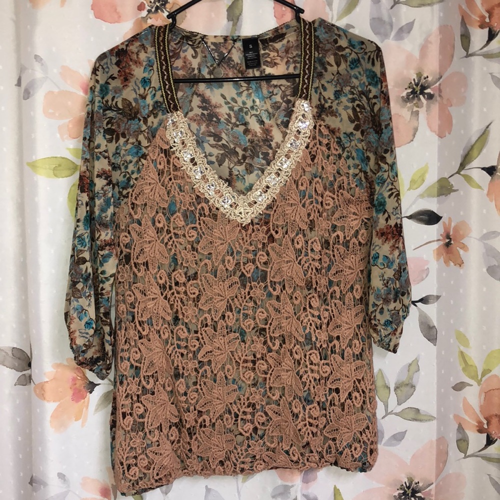 Tan and Blue floral Blouse